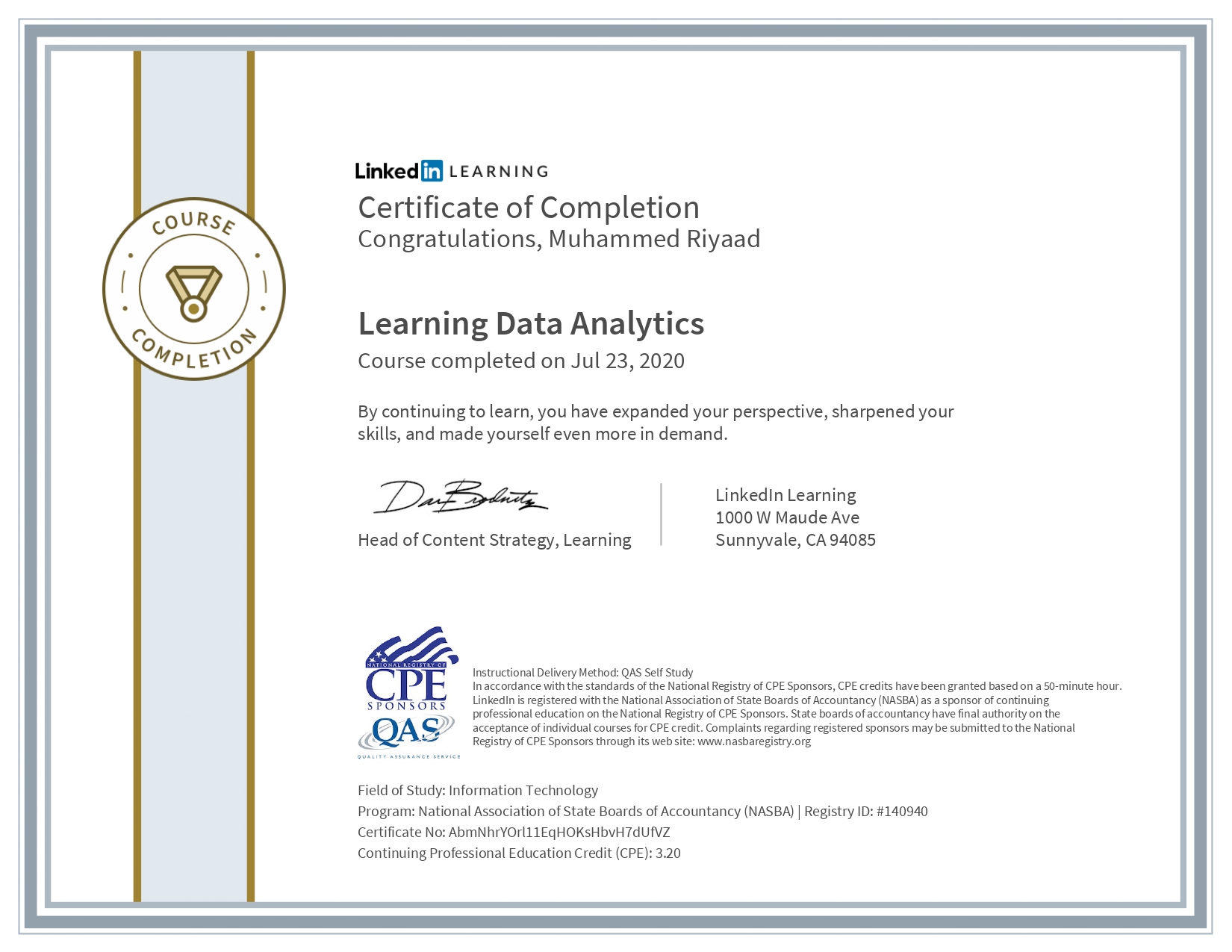 Coursera Certificate of Completion: Learning Data Analytics (Approved)